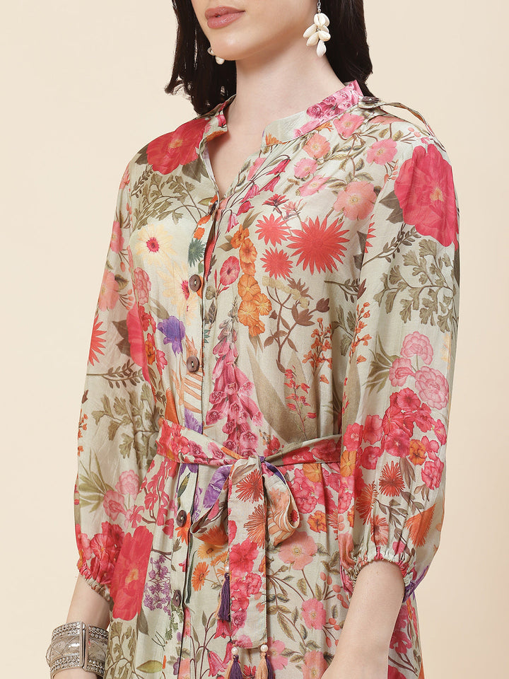 Floral Printed Crepe Co-Ord Set With Belt