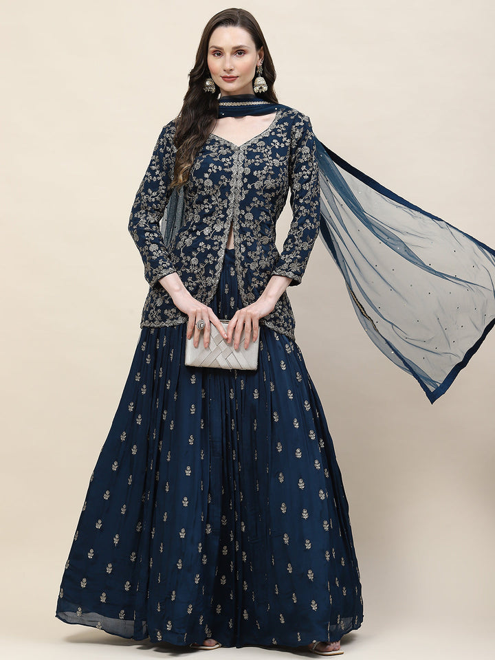 Sequin Zari Embroidered Georgette Choli With Lehenga &amp; Dupatta