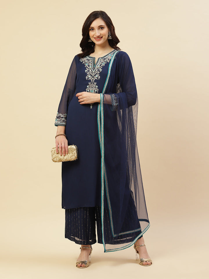 Embroidered Georgette Kurti With Palazzo And Dupatta