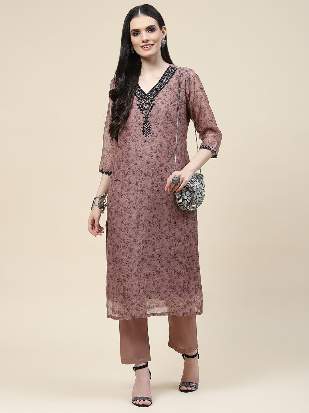 Printed &amp; Neck Embroidered Chanderi Kurta With Pants