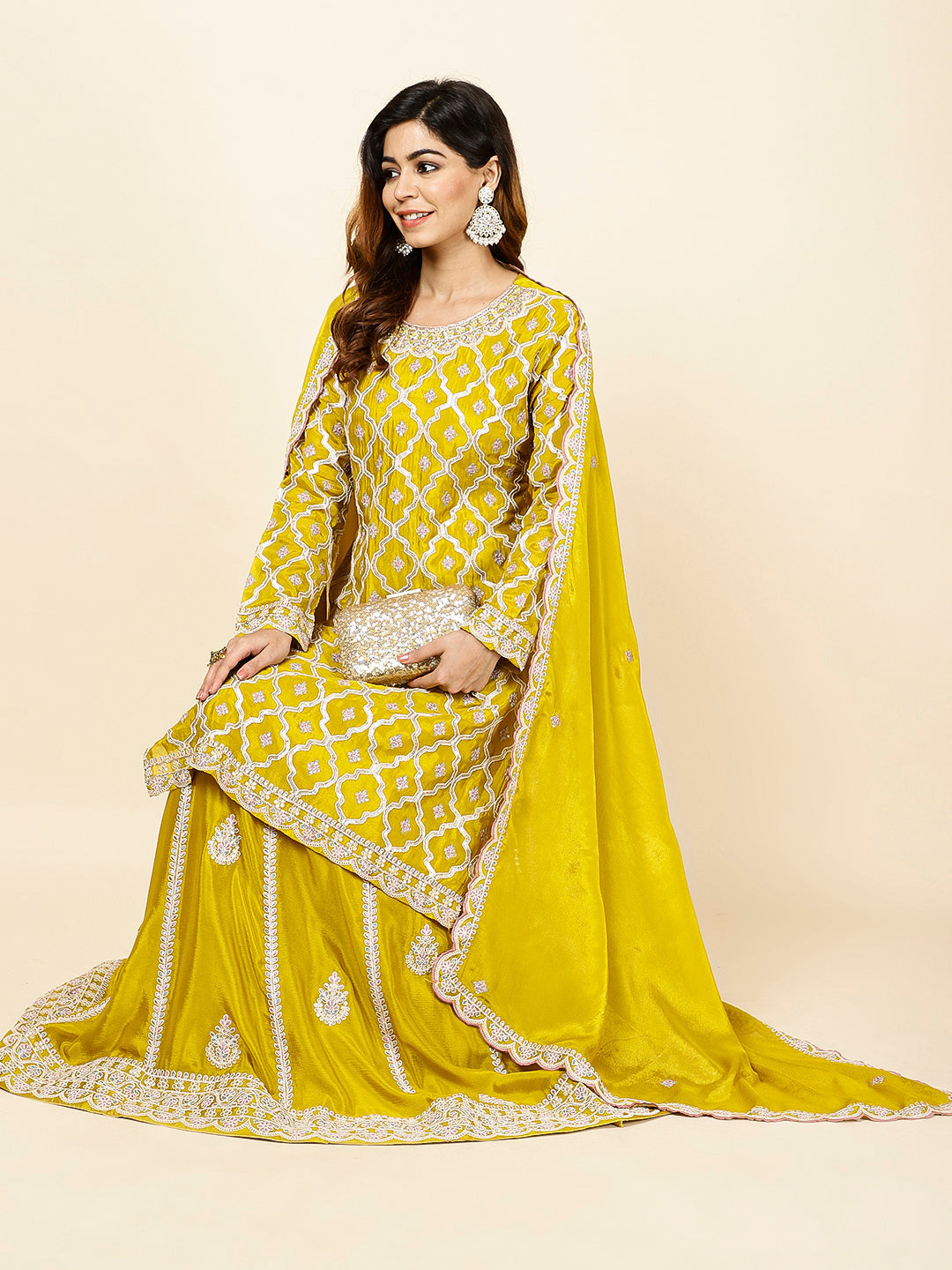 Embroidered Crepe Kurta With Lehenga &amp; Dupatta
