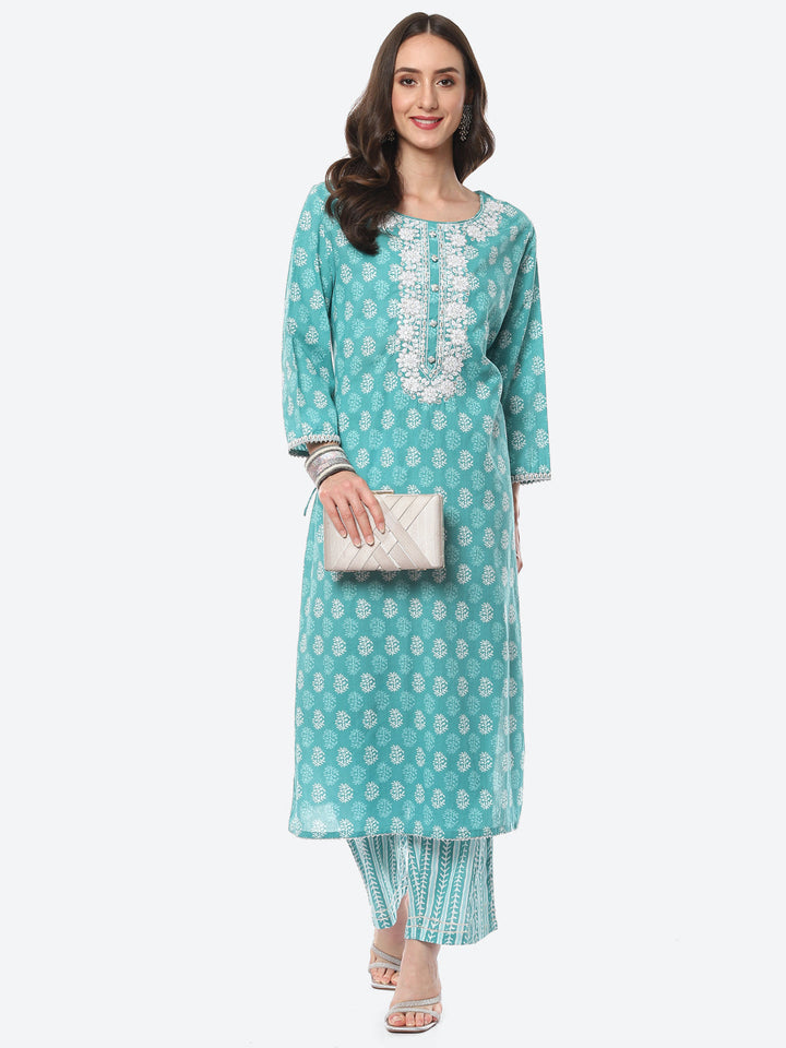 Zari Neck Embroidered Cotton Kurta With Pant