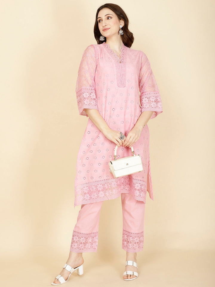 Thread Embroidery Cotton Kurta With Pants