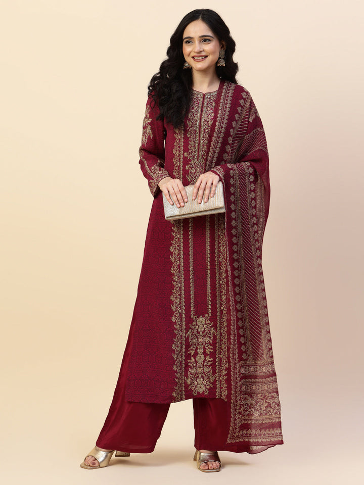 Digital Printed Crepe Kurta With Palazzo &amp; Dupatta