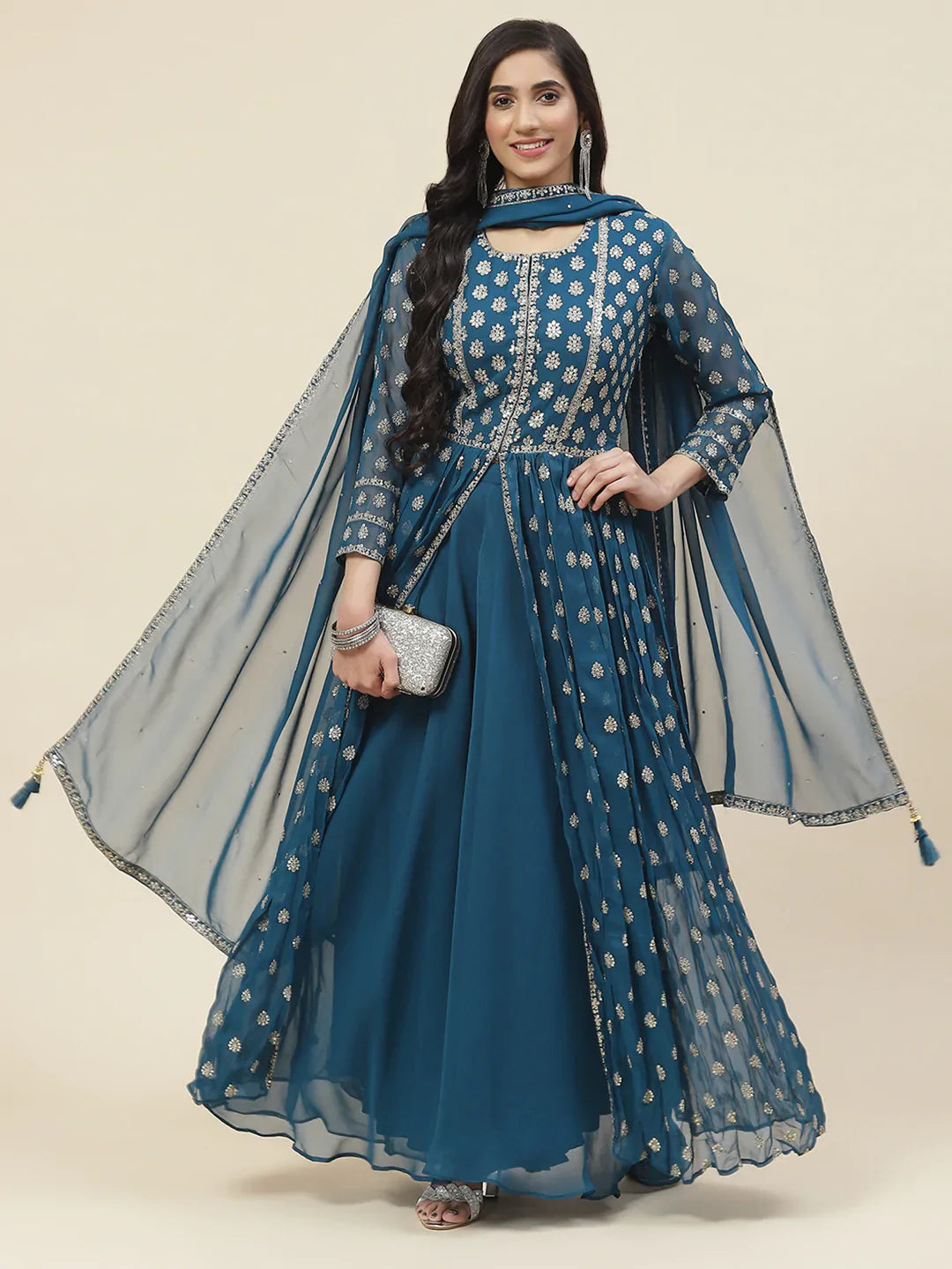 Sequin Embroidered Georgette Kurta With Sharara &amp; Dupatta