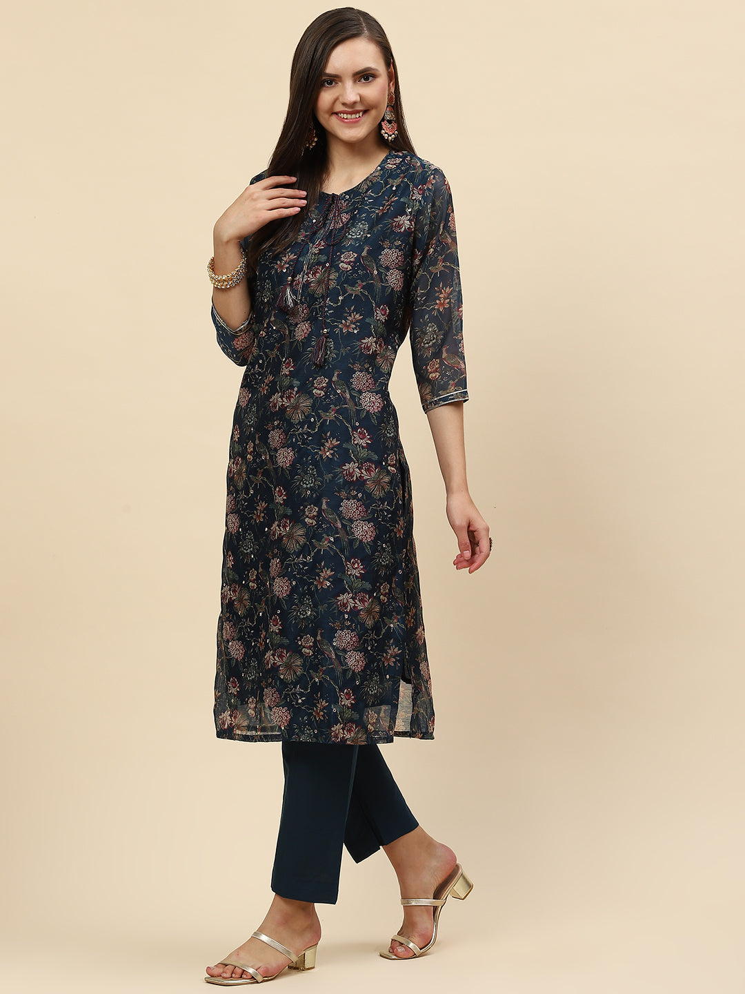 Floral Printed Chanderi Kurta With Pants