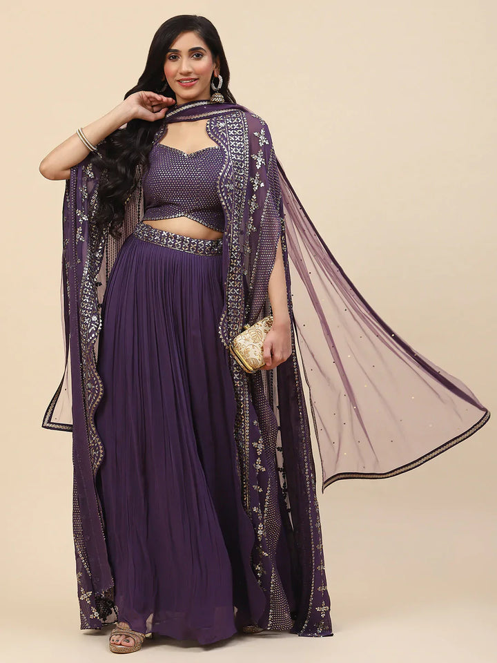 Sequin Embroidered Georgette Lehenga Choli With Dupatta &amp; Jacket