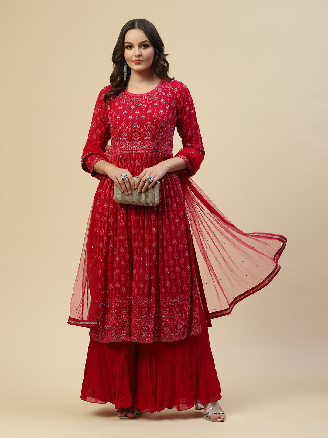 Embroidered Georgette Kurta With Palazzo &amp; Dupatta