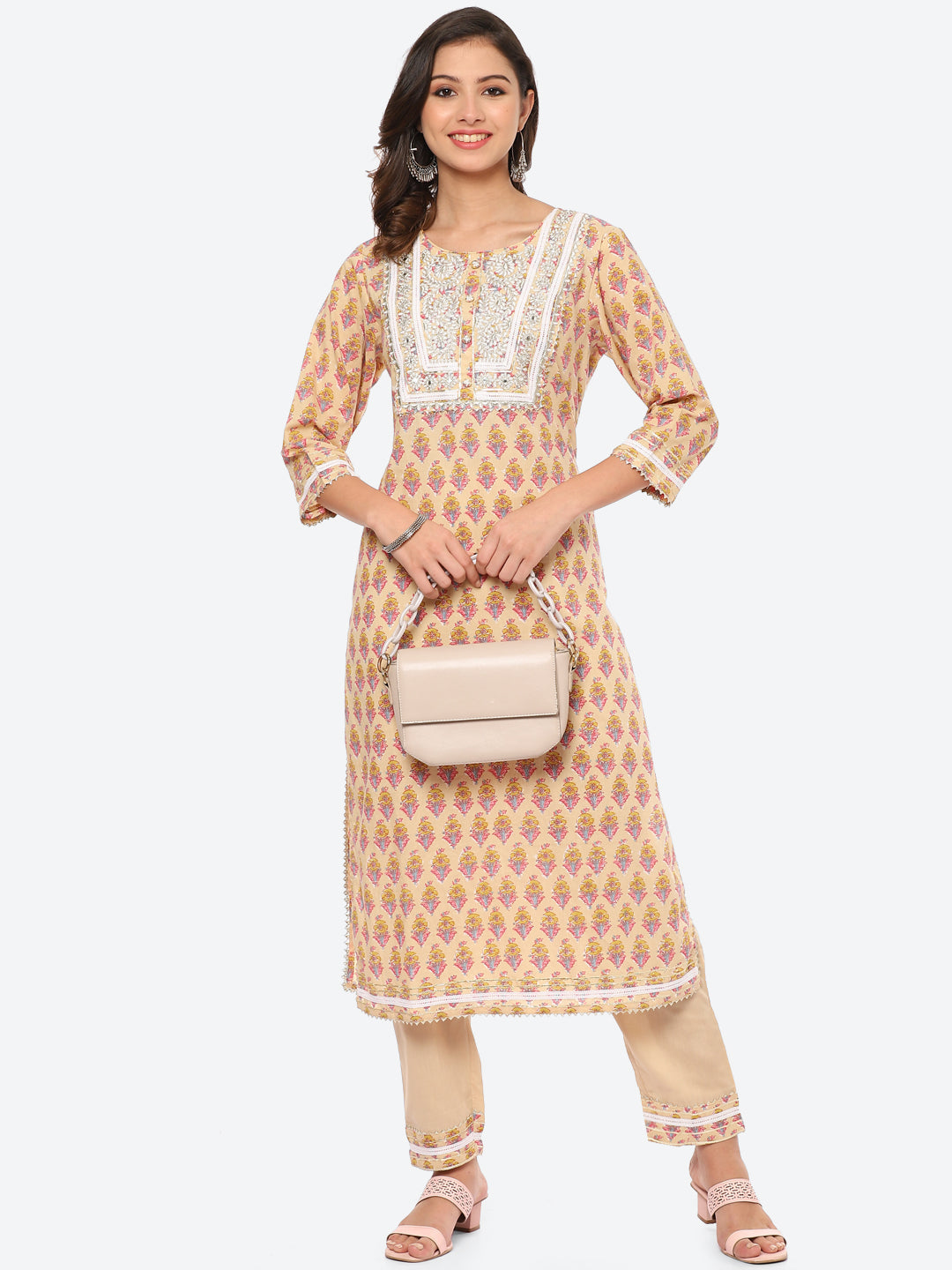 Zari Neck Embroidered Cotton Kurta With Palazzo