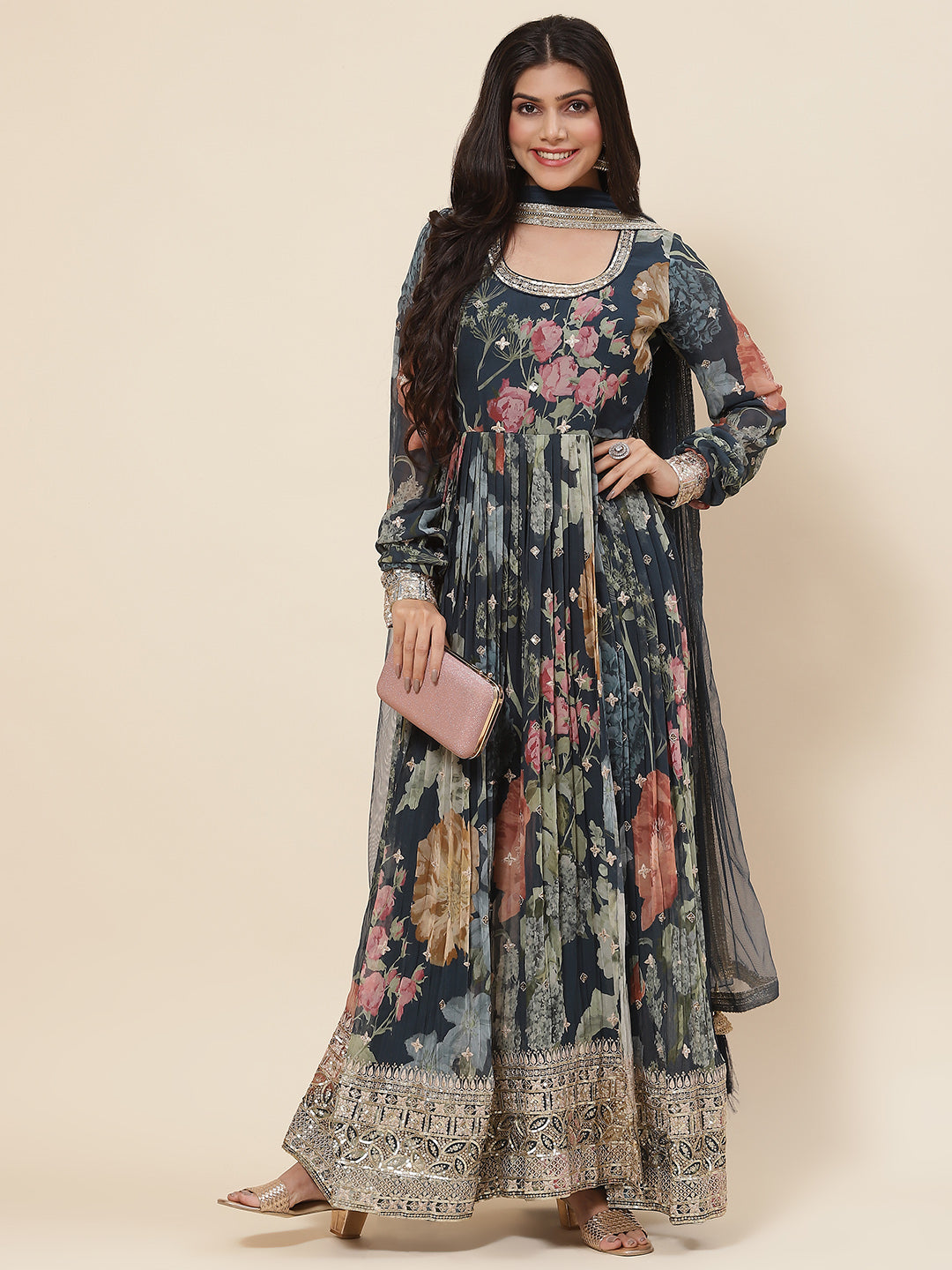 Printed Georgette Kurta With Pants &amp; Dupatta