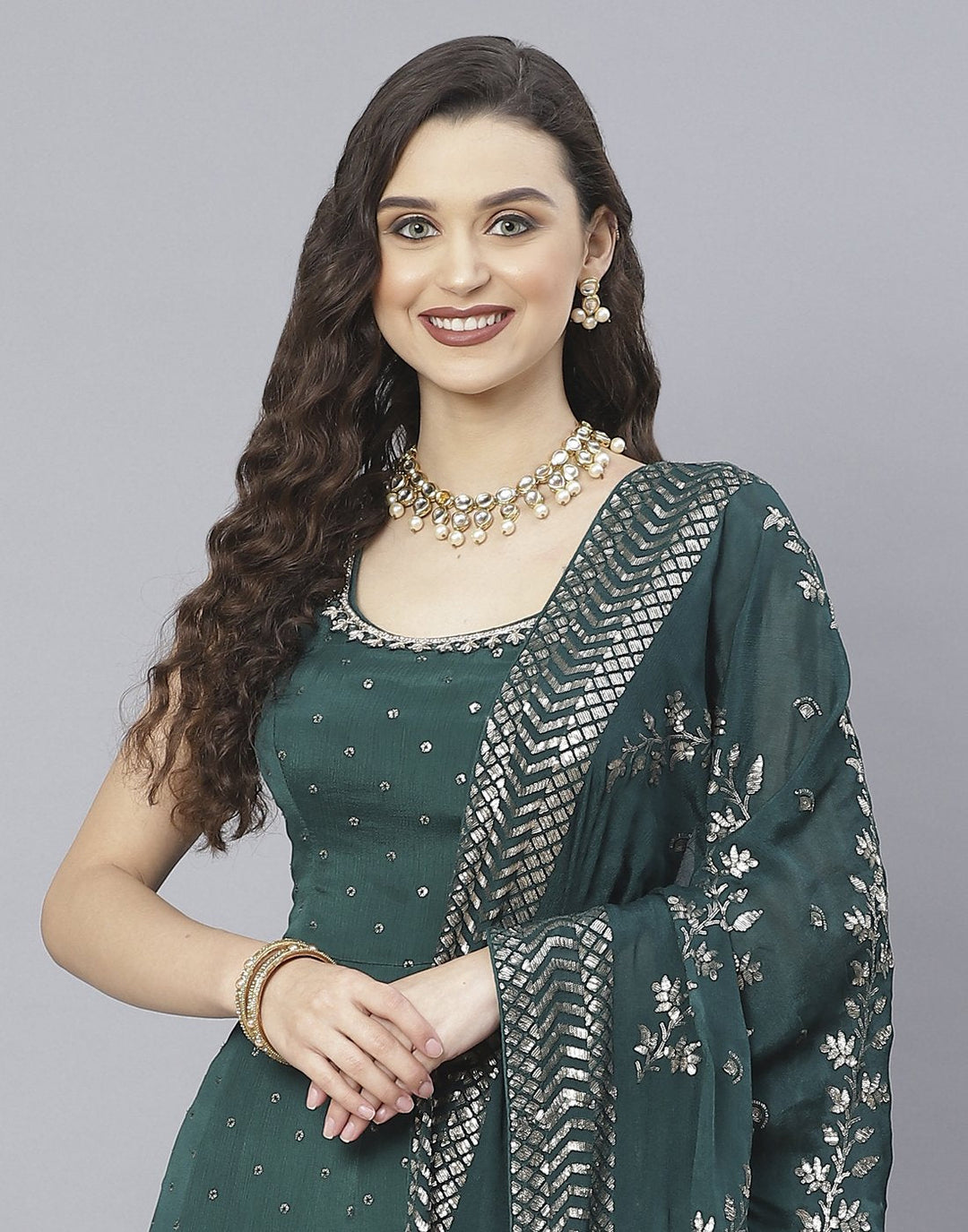 Wine and Bottle Green Art Crepe Salwar Kameez