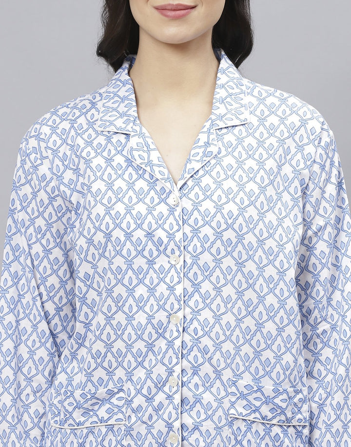 Blue Cotton Printed Comfort Wear