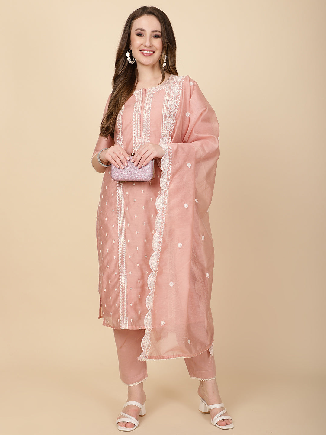 Booti Embroidery Chanderi Kurta With Pants &amp; Dupatta