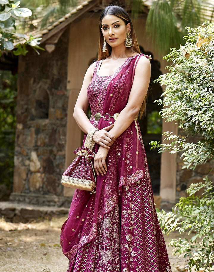 MBZ Meena Bazaar-Garnet Georgette Anarkali Salwar Kameez