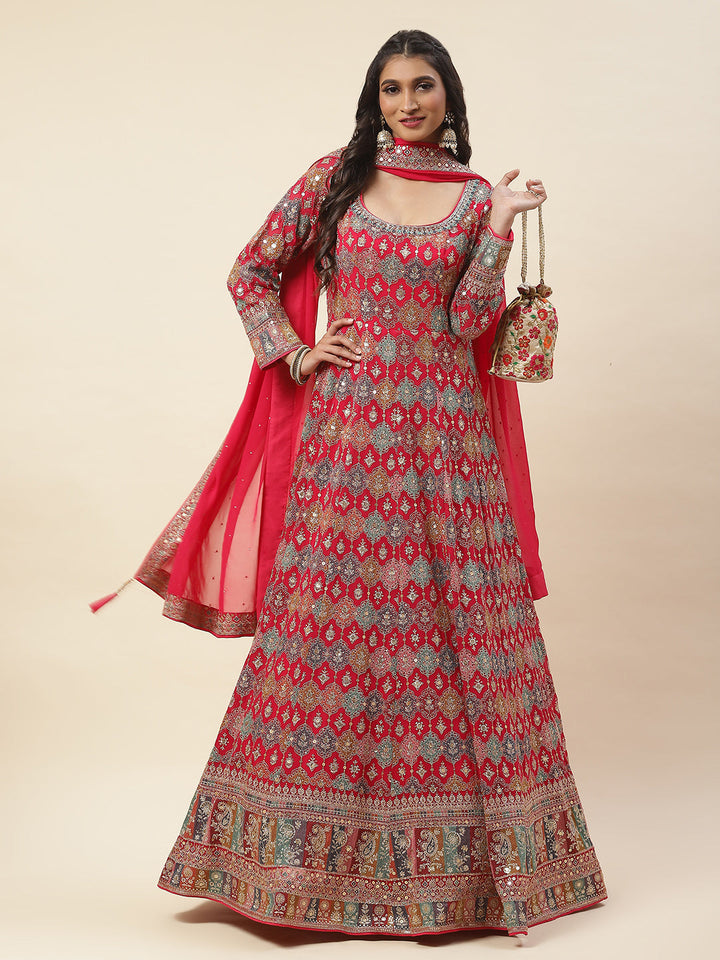 Resham Sequence Embroidered Georgette Anarkali Kurta With Churidar &amp; Dupatta