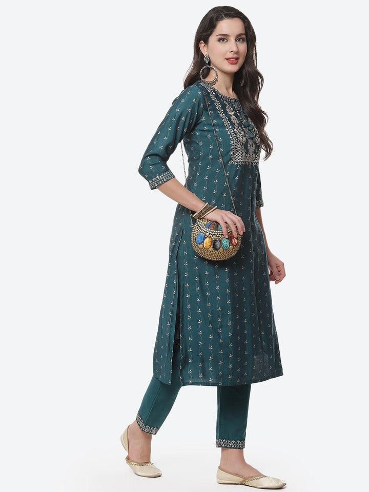 Embroidered Printed Cotton Kurta With Pant