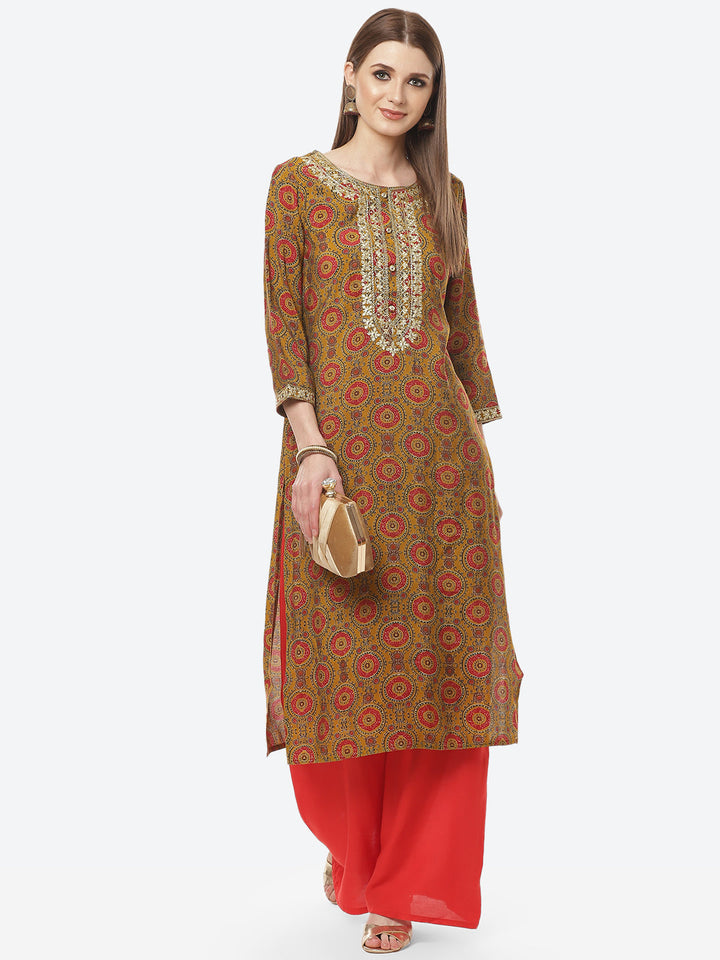 Printed Neck Embroidered Cotton Kurti