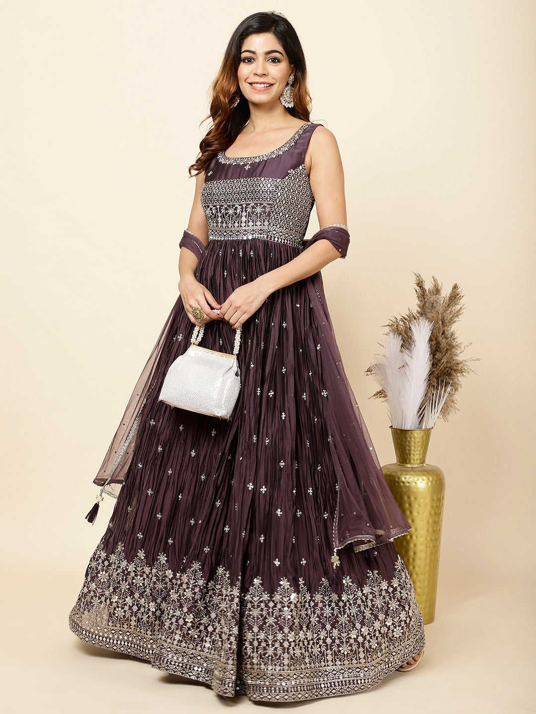 Zari Booti Embroidered Crepe Anarkali Kurta With Dupatta