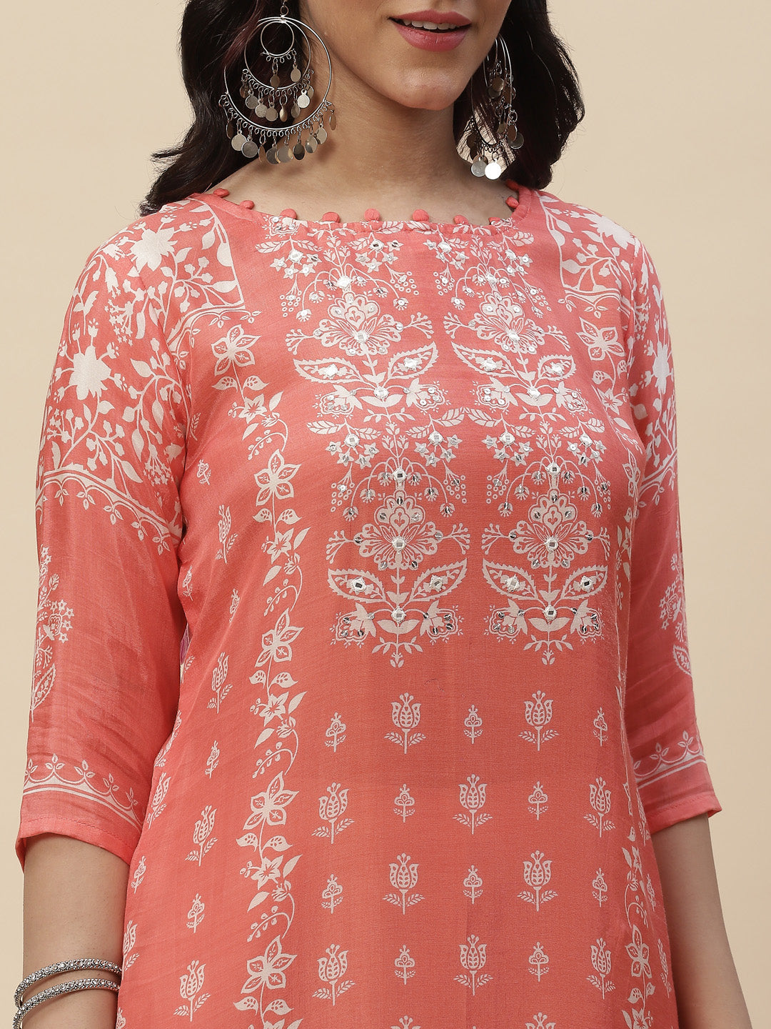 Neck Mirror Work  Printed Cotton Kurta
