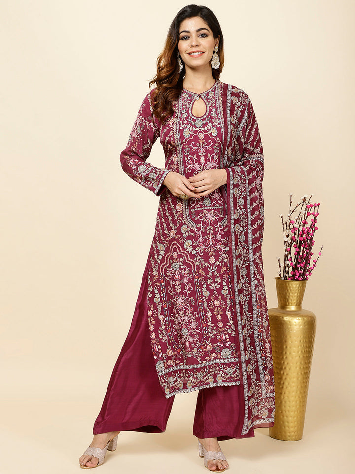 Digital Floral Printed Crepe Kurta With Palazzo &amp; Dupatta