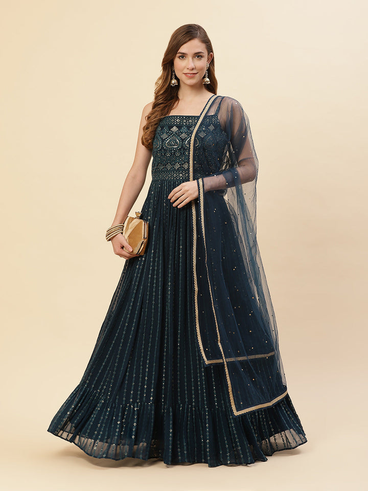 Embroidered Art Georgette Anarkali Kurti With Chudidar And Net Dupatta