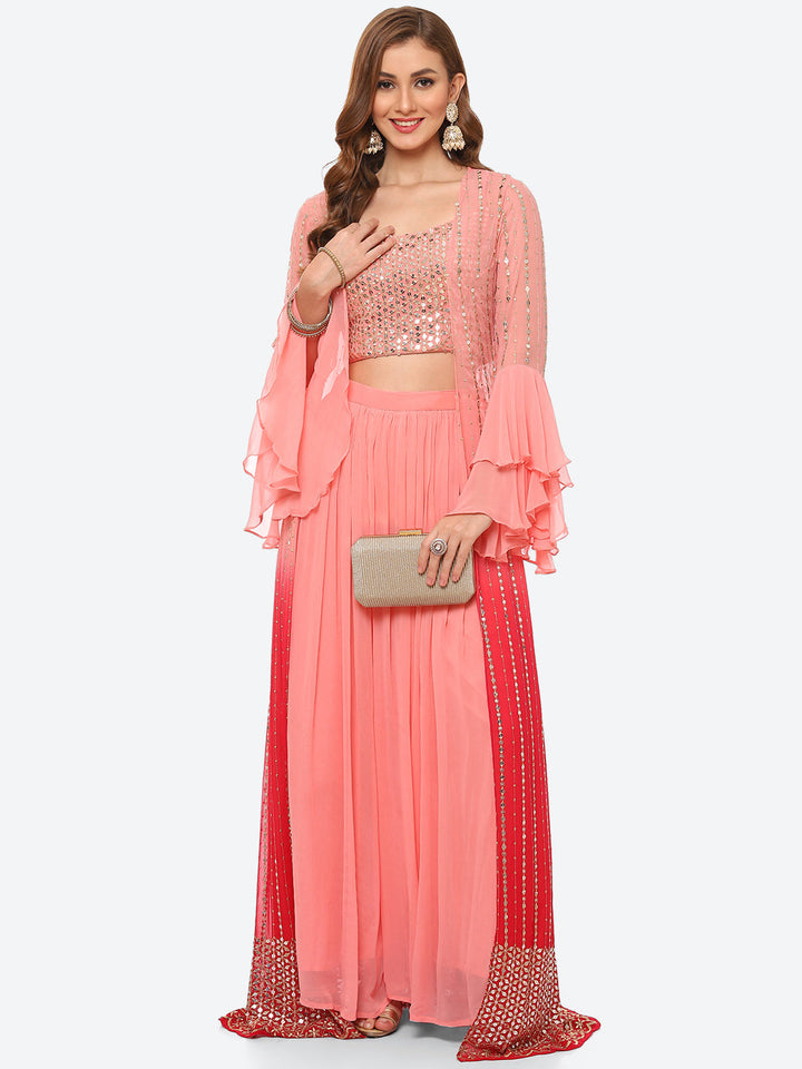 Zari Embroidered Georgette Crop Top With Palazzo &amp; Jacket
