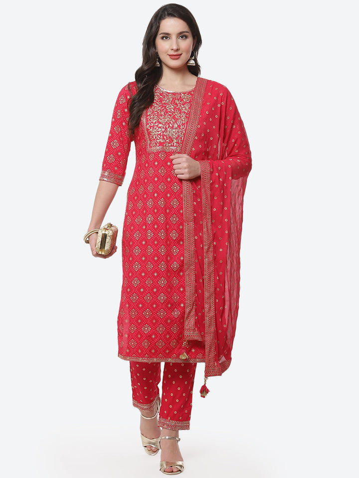 Zari Work Cotton Muslin Kurti Printed Pant And Dupatta