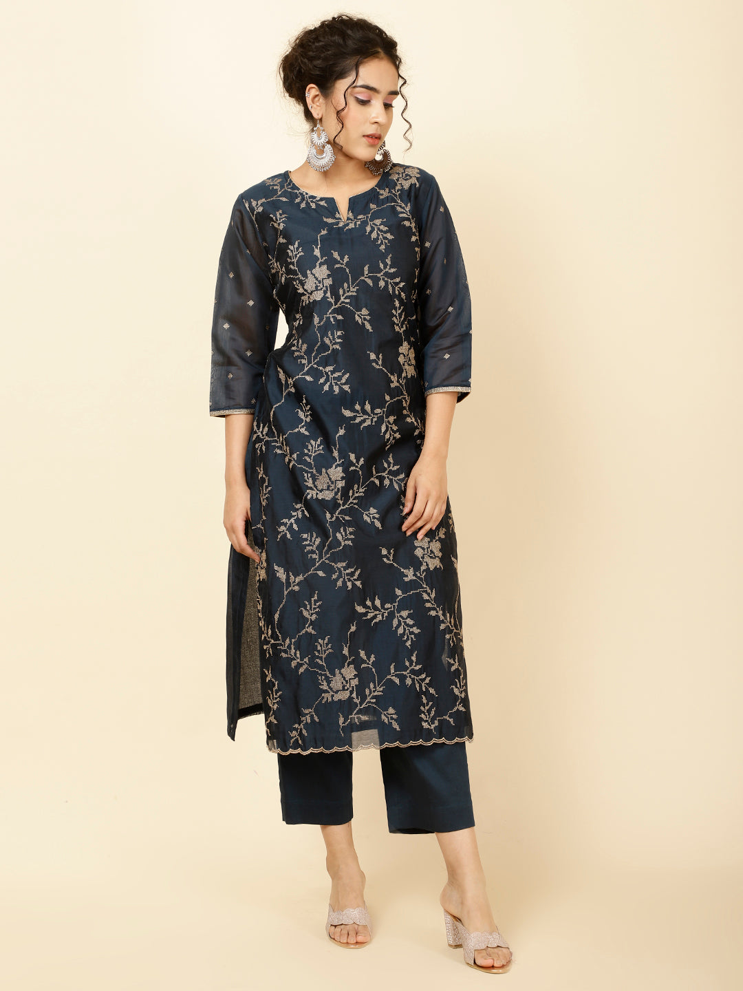 Embroidered Cotton Kurta With Pants &amp; Dupatta