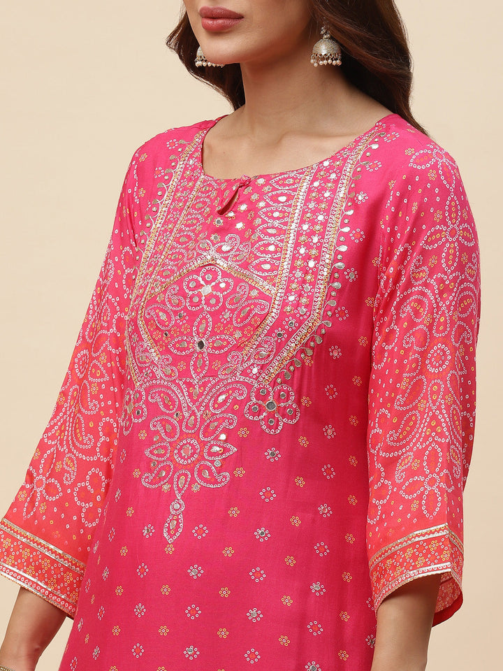Bandhani Printed Muslin Kurta With Sharara &amp; Dupatta