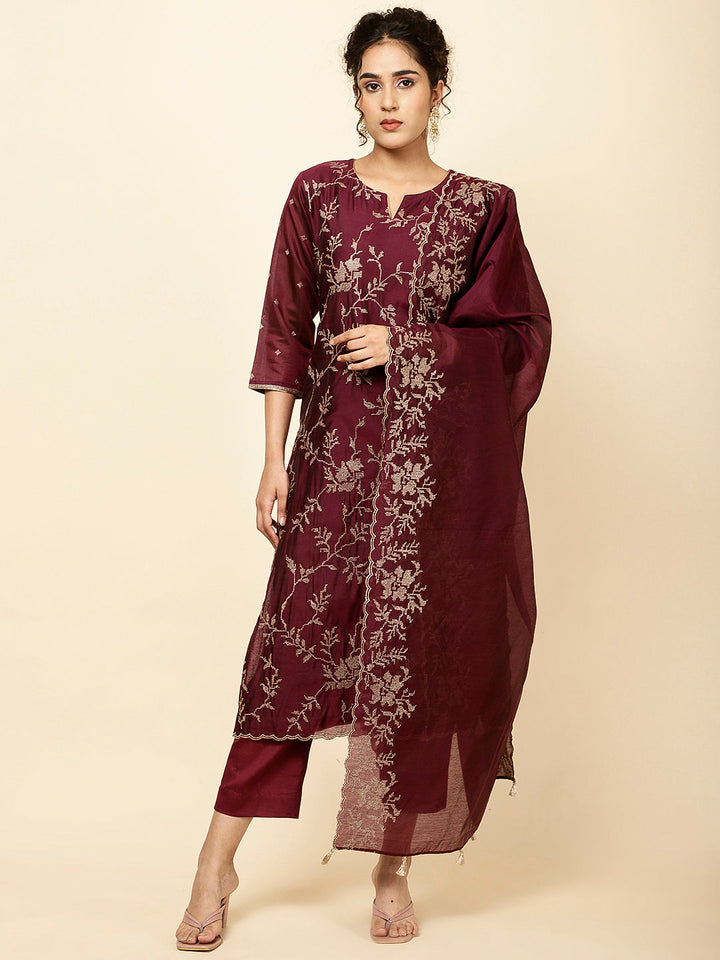 Embroidered Cotton Kurta With Pants &amp; Dupatta