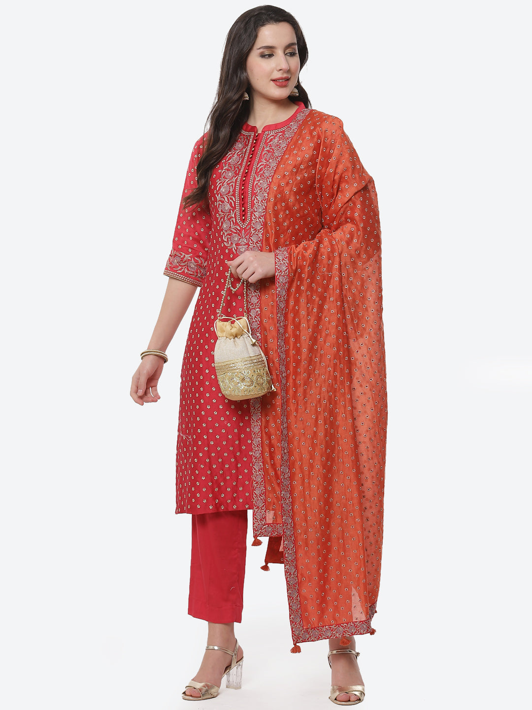 Embroidered Cotton Chanderi Stitched Salwar Kameez With Embroidered Dupatta