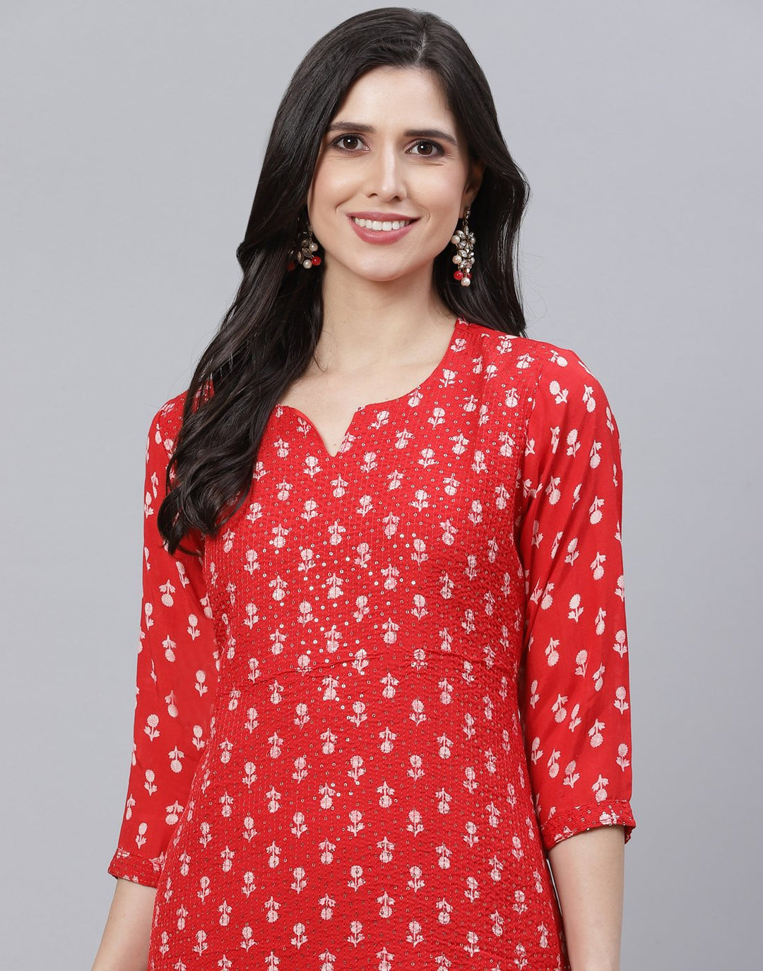 Printed Cotton Kurti Pant Set with Sequin Detail