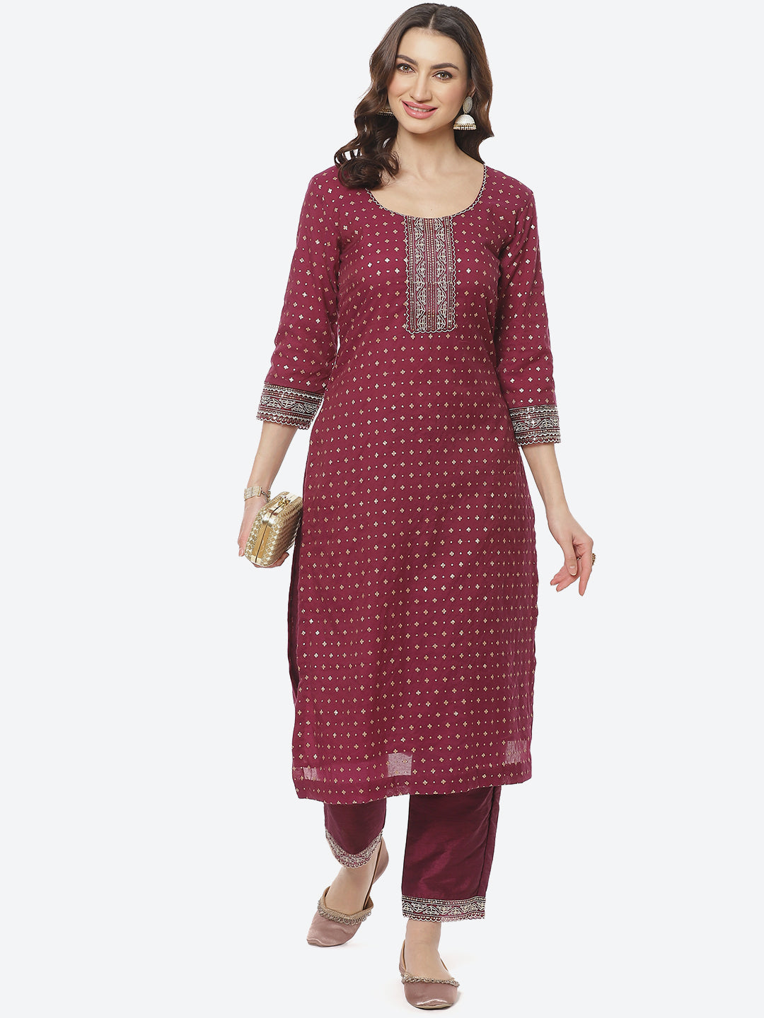 Sequence Neck Zari Embroidered Cotton Kurti With Pant