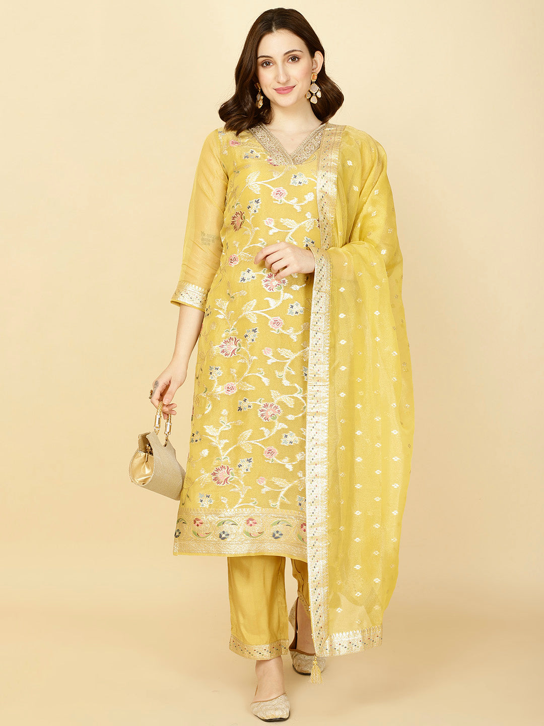 Floral Woven Tissue Kurta With Pants &amp; Dupatta