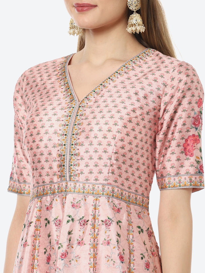 Digital Floral Printed Anarkali Kurta With Churidar &amp; Net Dupatta