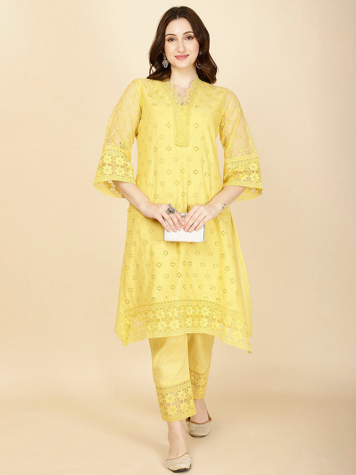 Thread Embroidery Cotton Kurta With Pants
