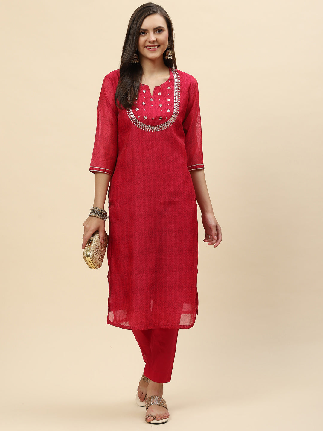 Gota Work &amp; Printed Chanderi Kurta With Pants