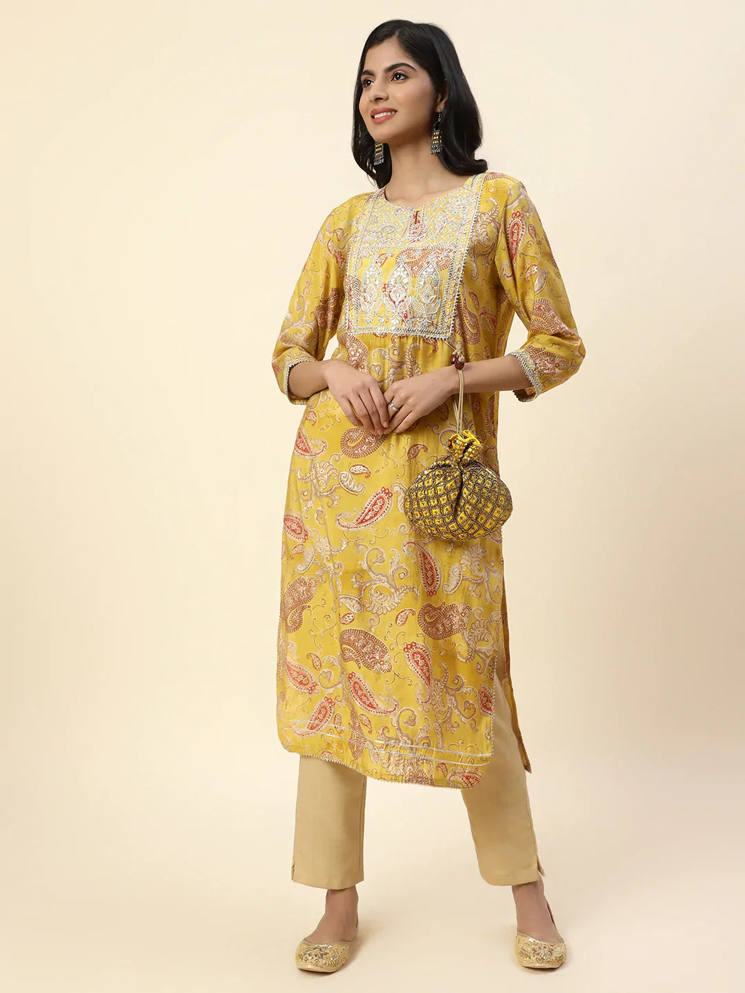 Printed With Yoke Embroidered Muslin Kurta