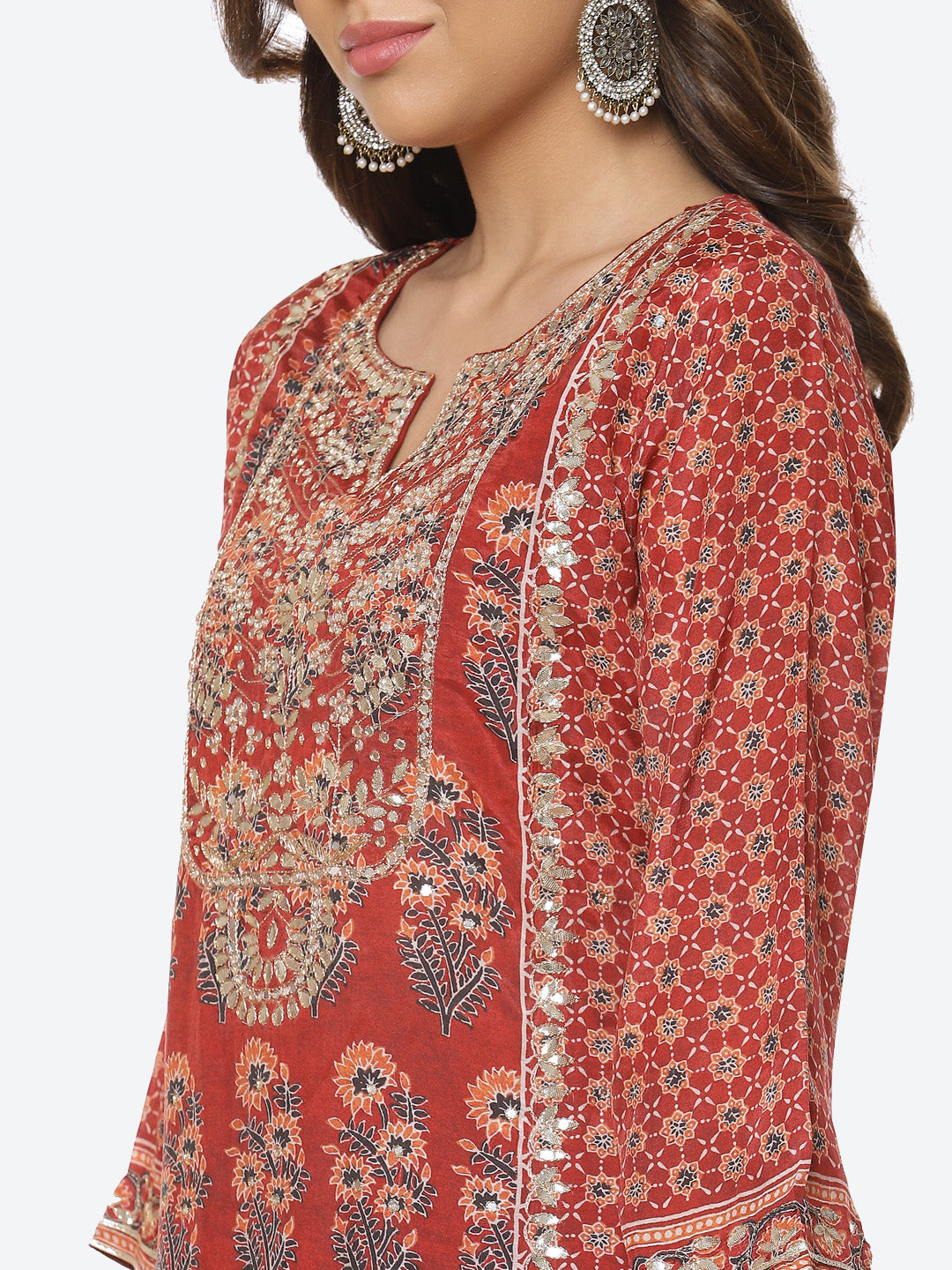 Gota Neck Printed Cotton Kurta With Garara &amp; Dupatta