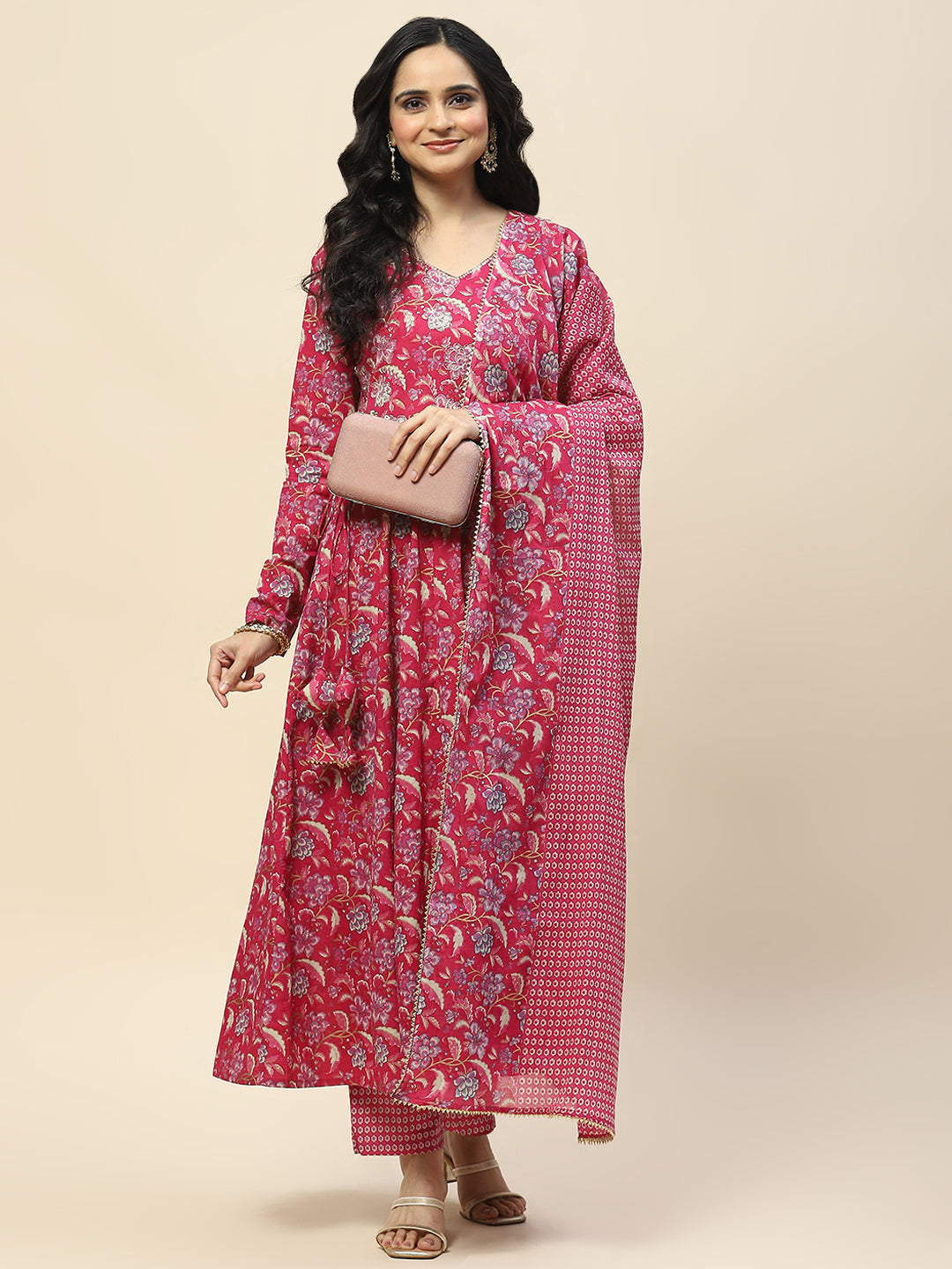 Neck Embroidery Cotton Kurta With Pants &amp; Dupatta