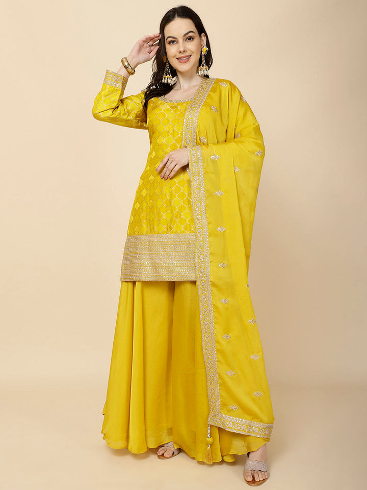 Zari Jaal Embroidery Handloom Suit Set With Dupatta &amp; Palazzo