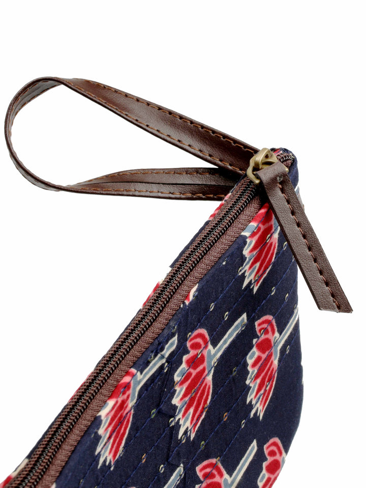 Navy Blue Printed Cotton Handbag With Pouch