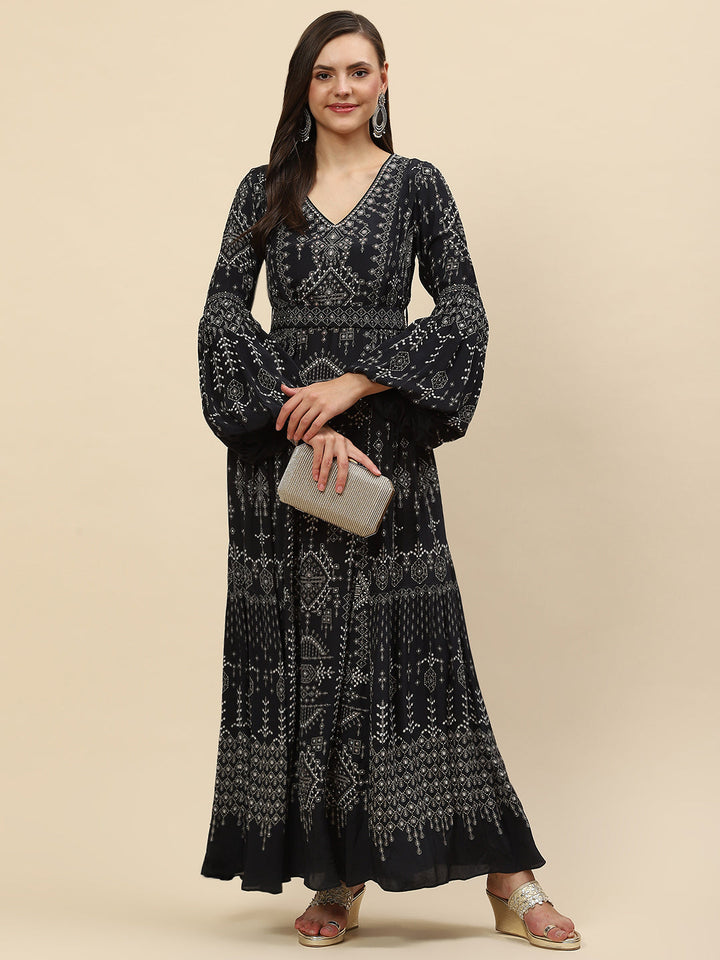 Digital Printed Crepe Gown Dress
