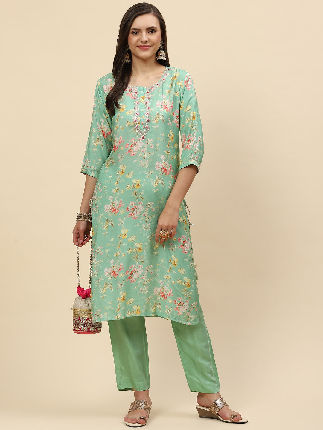 Floral Printed Muslin Kurta With Pants