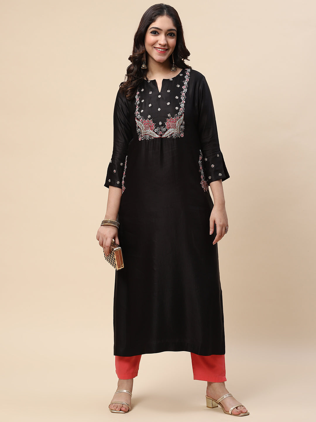 Neck Embroidered Satin Kurta