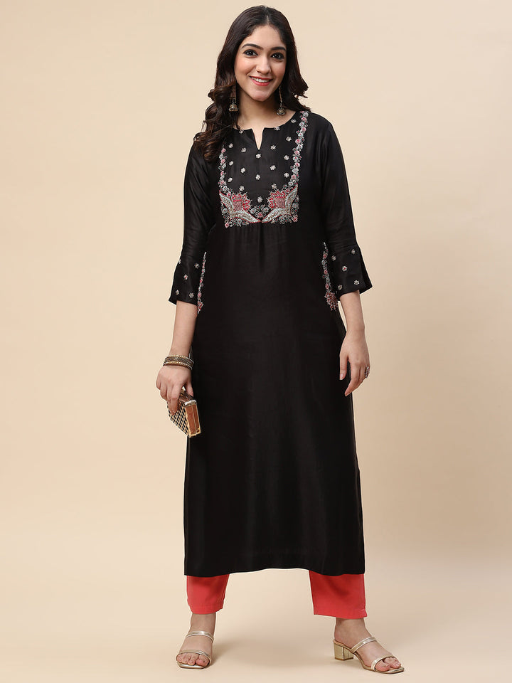 Neck Embroidered Satin Kurta