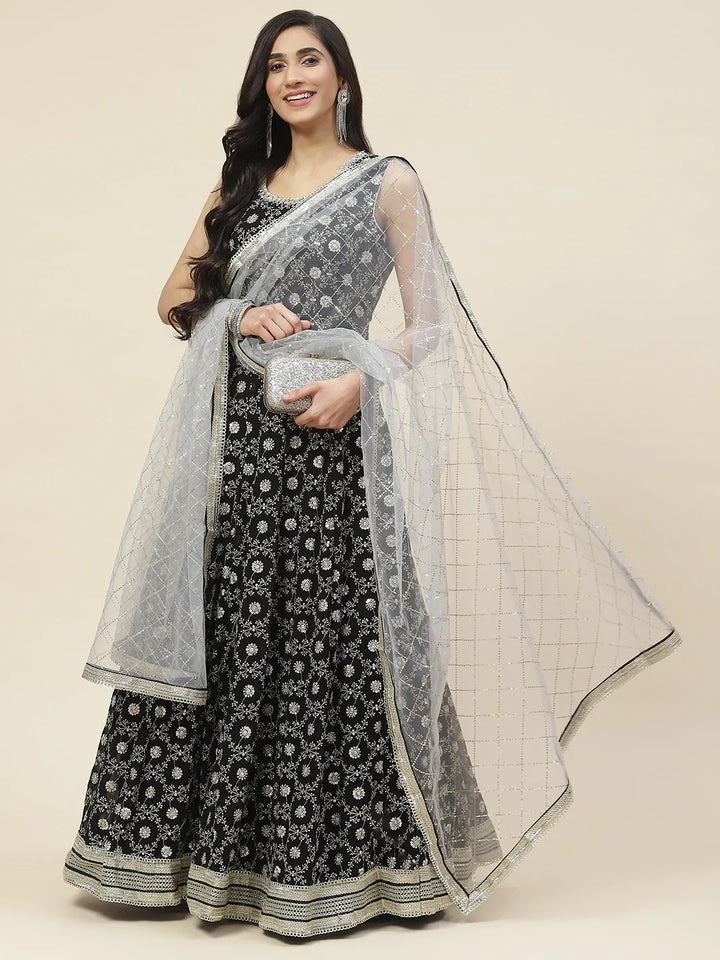 Sequin Embroidered Georgette Kurta With Dupatta