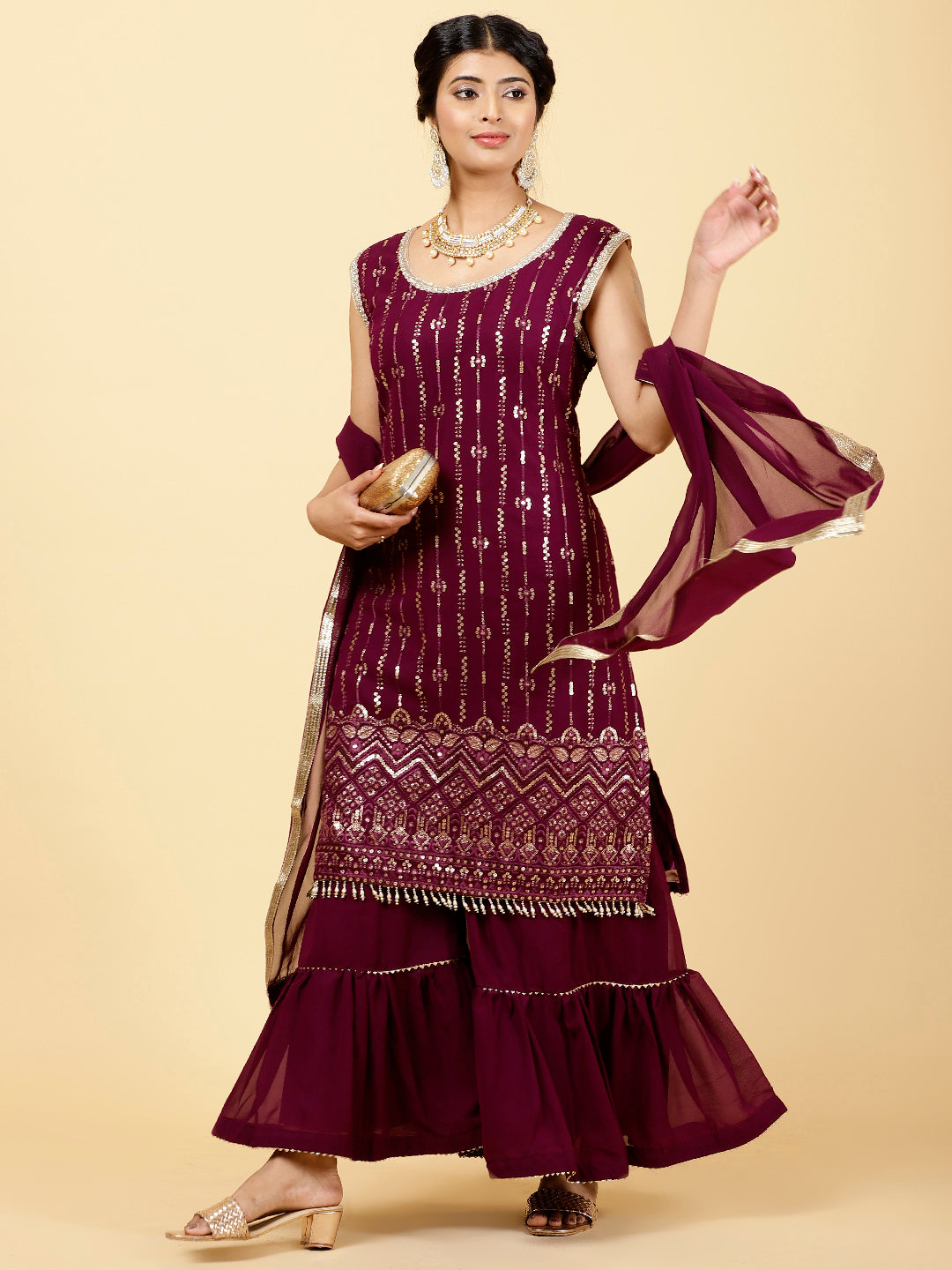 Sequen Georgette Kurta With Garara &amp; Dupatta