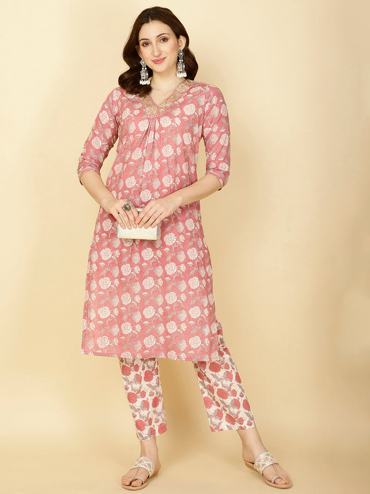 Floral Printed Cotton Kurta With Pants