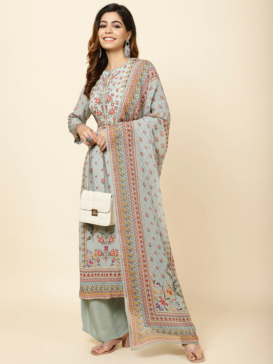 Digital Floral Printed Crepe Kurta With Palazzo &amp; Dupatta